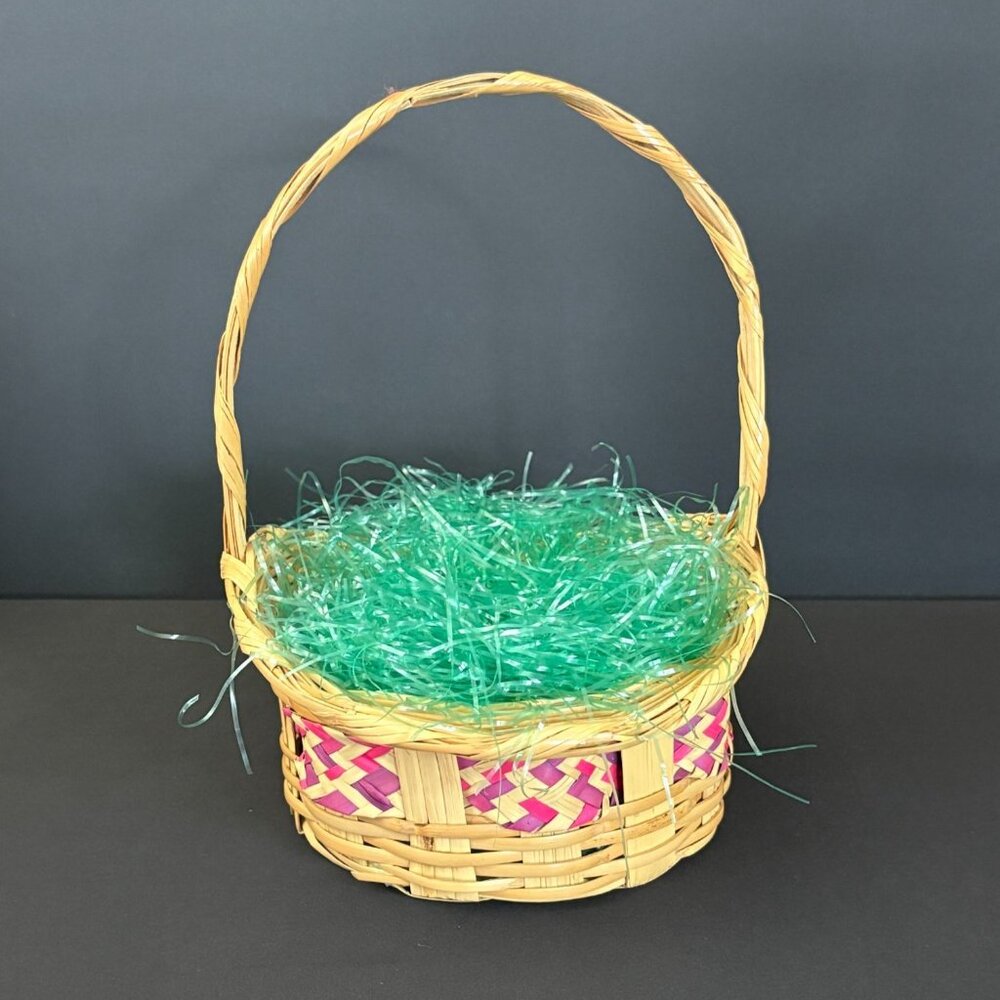 Easter Basket Woven Bamboo Wicker Vintage Pink Purple Egg Hunt Bunny Decorations - Picture 3 of 6